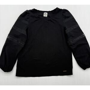 Anne Klein Top Women's Medium Black Mixed-Media Balloon-Sleeve Lace